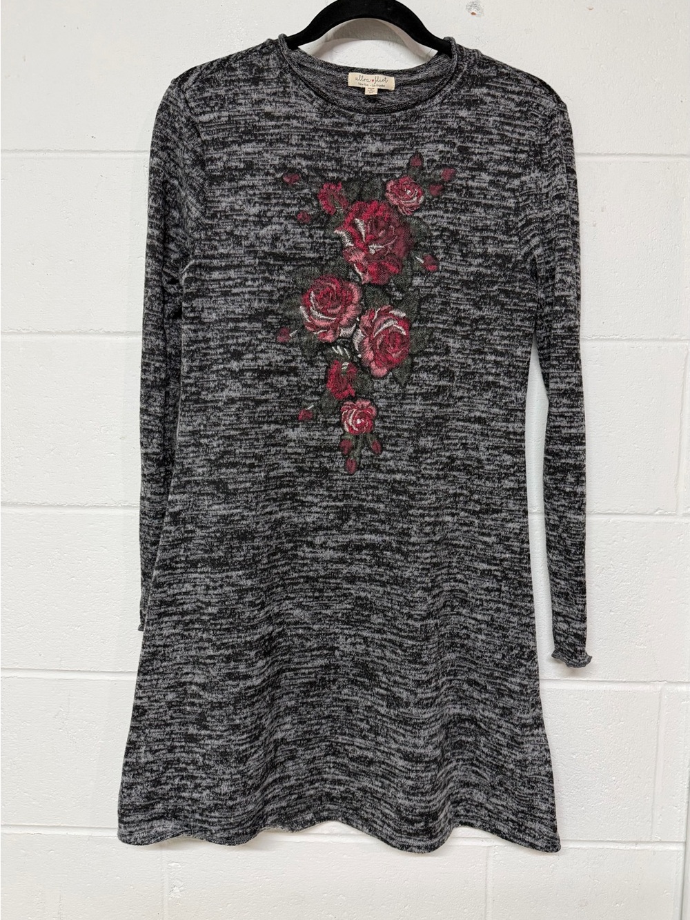 Ultra Flirt Heathered Black Long-Sleeve Dress with Pink Rose Embroidery